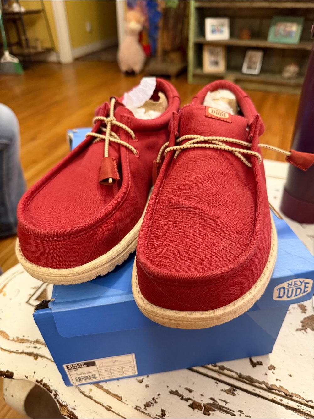 Hey Dude Red Canvas Loafers with Tan Sole